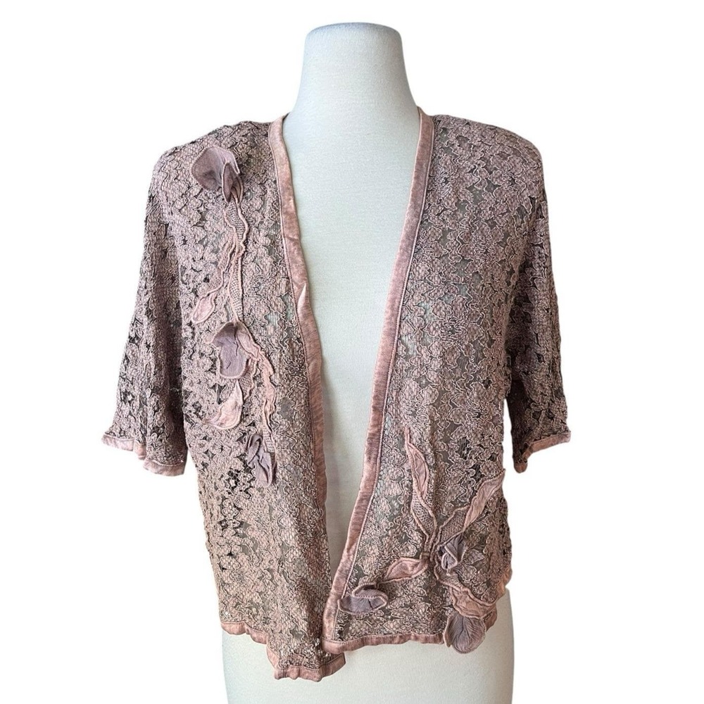 Vintage Sole Ballare Cardigan Women Dusty Rose Pink Lace Boho Fairy‎ Crop Floral